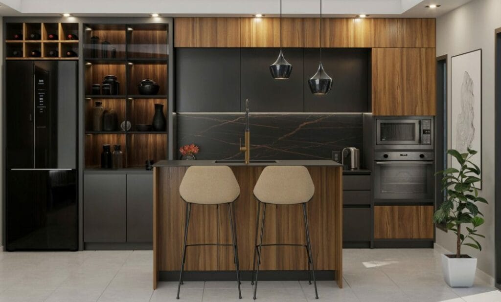 Modern Industrial Kitchen with Black Cabinets and Wooden Breakfast Bar