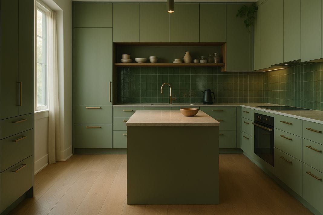 A AI photo of a colourful kitchen - Green kitchen inspiration