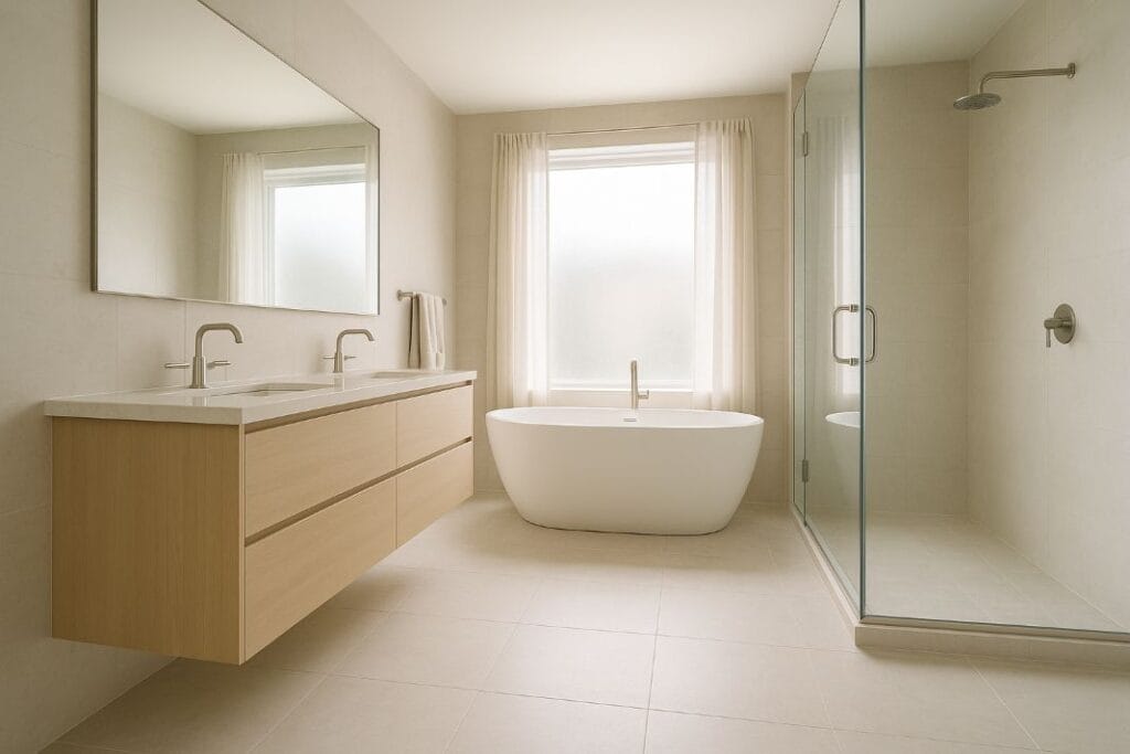 an ai image of a newly installed cream bathroom with floating cabinets