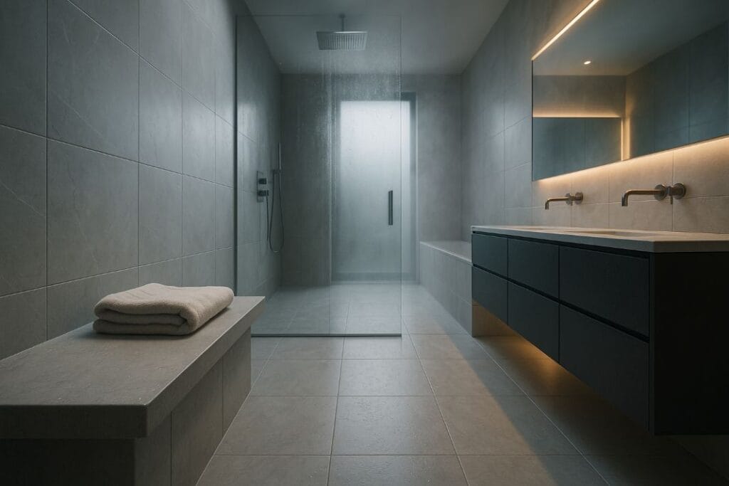 an ai image of a professionally fitted wet room