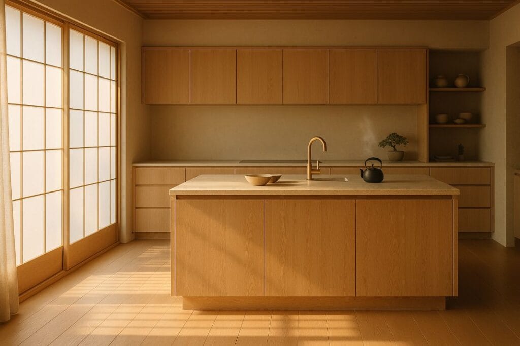 an ai image of a professionally installed japandi kitchen