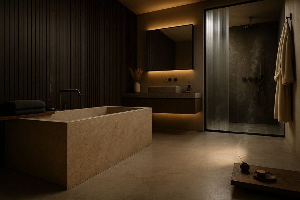 an ai image of a trendy bathroom professionally installed