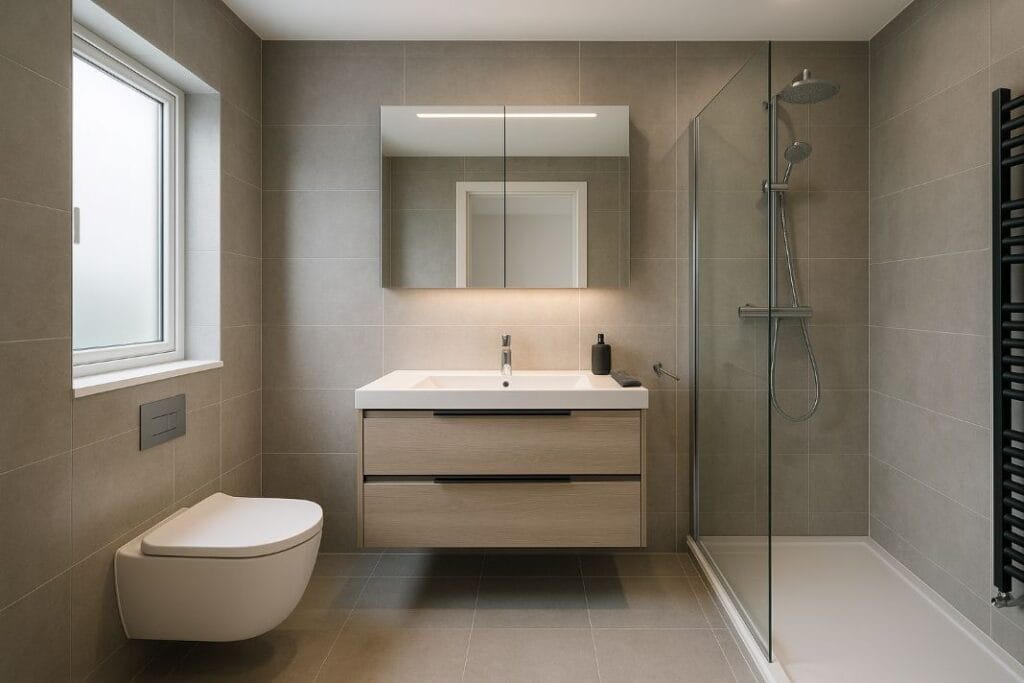 an ai imgae o f a professionally installed bathroom with floating toilet