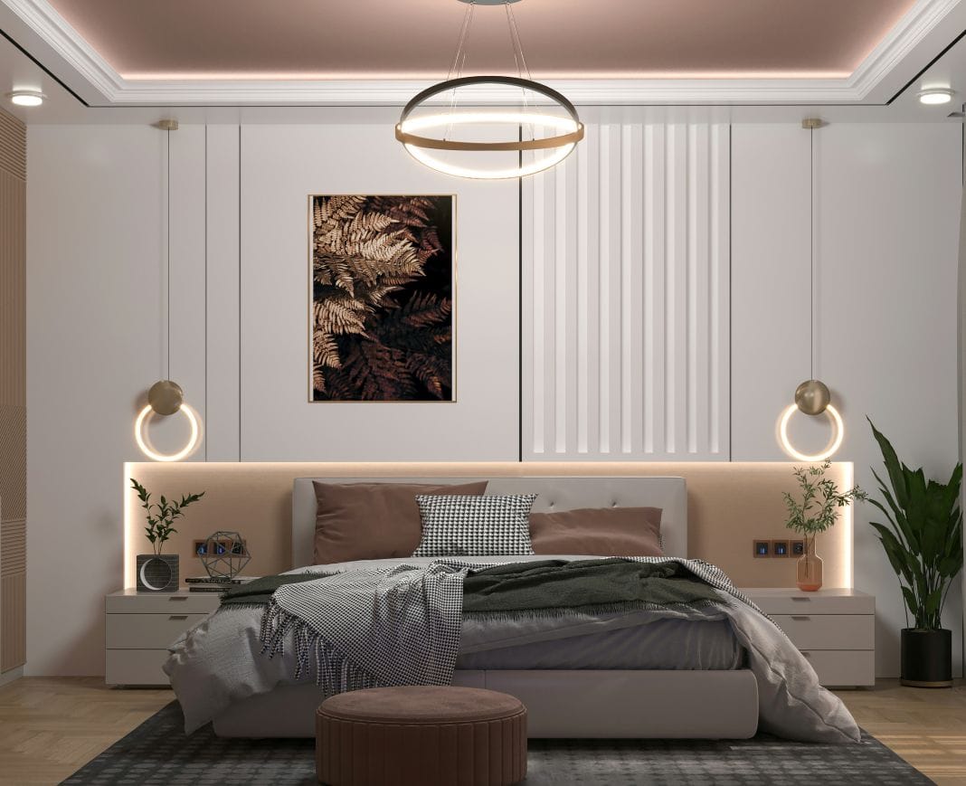 New bedroom with LED lights, stylish bed and upgrades