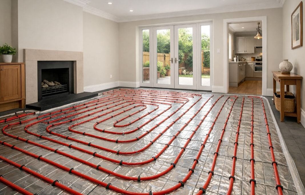 AI image of Modern London residential interior with flooring prepared for underfloor heating