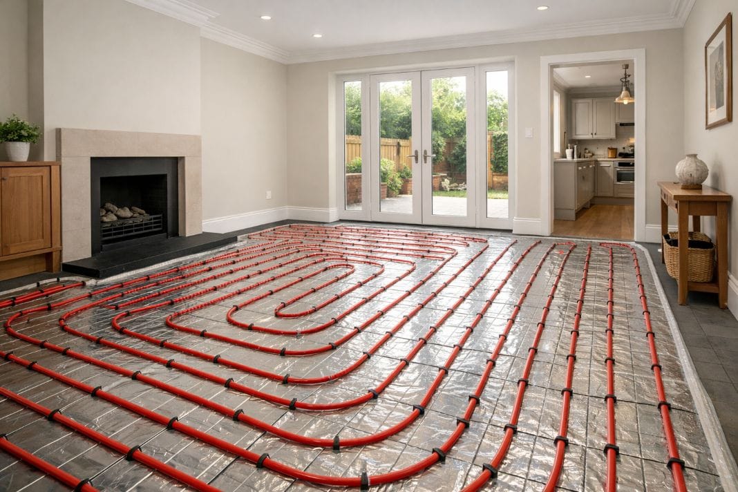 AI image of Modern London residential interior with flooring prepared for underfloor heating