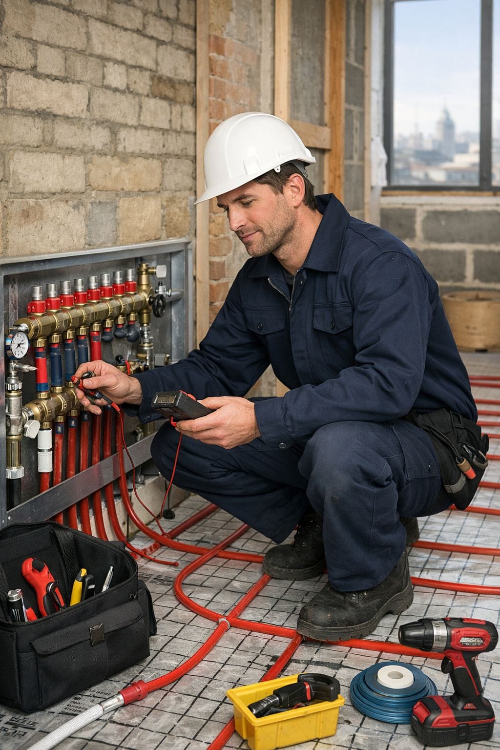 AI image of heating engineer checking underfloor heating installation