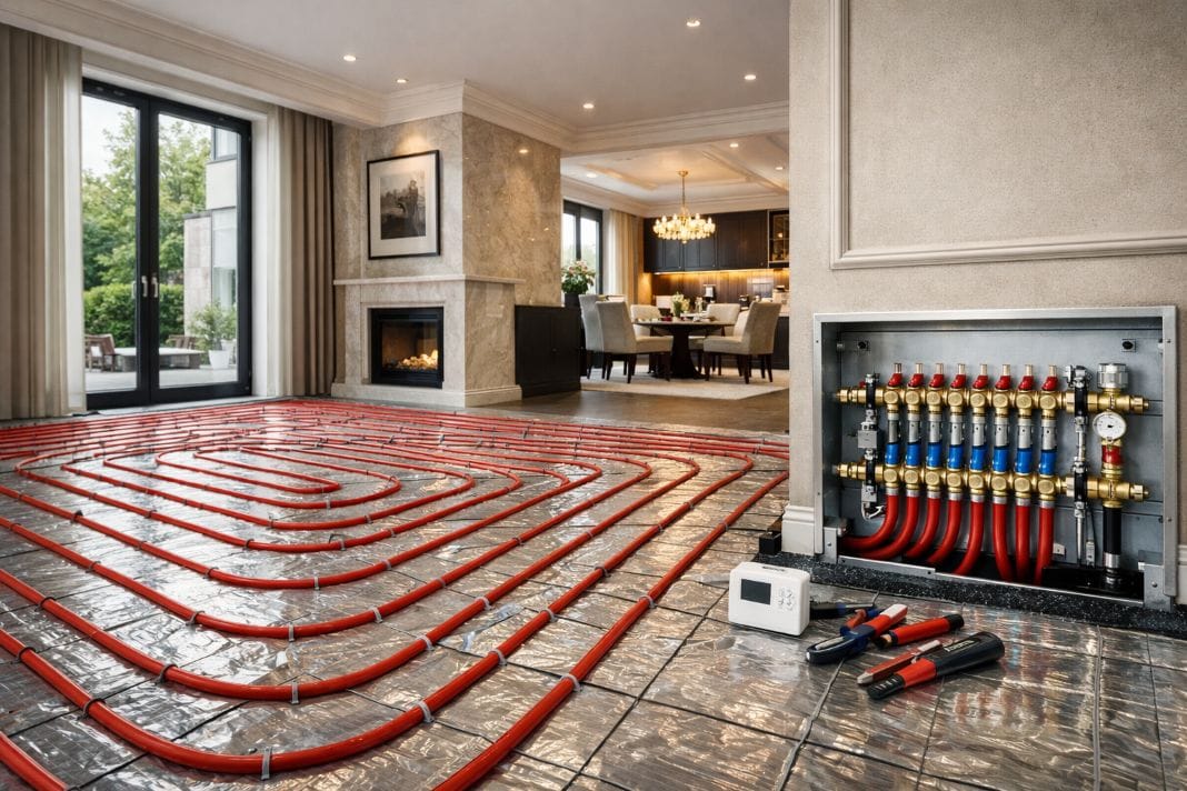 Premium London home interior featuring underfloor heating system during installation - Illustrative Image