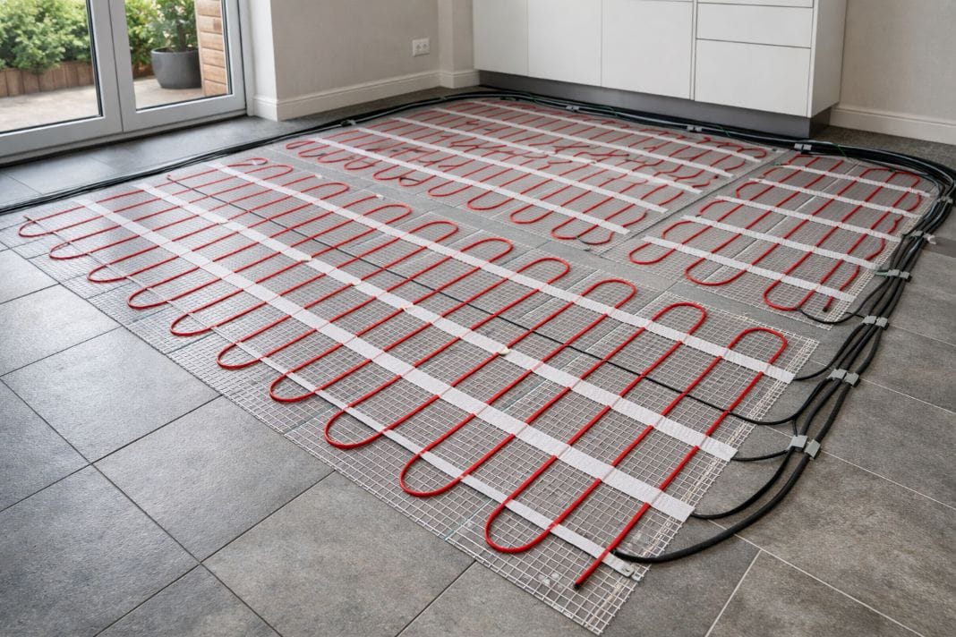 AI image of professional electric underfloor heating system installed beneath tiled floor