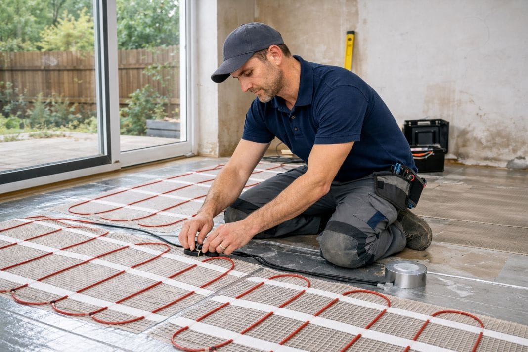 AI image of professional engineer installing underfloor heating system beneath floor surface