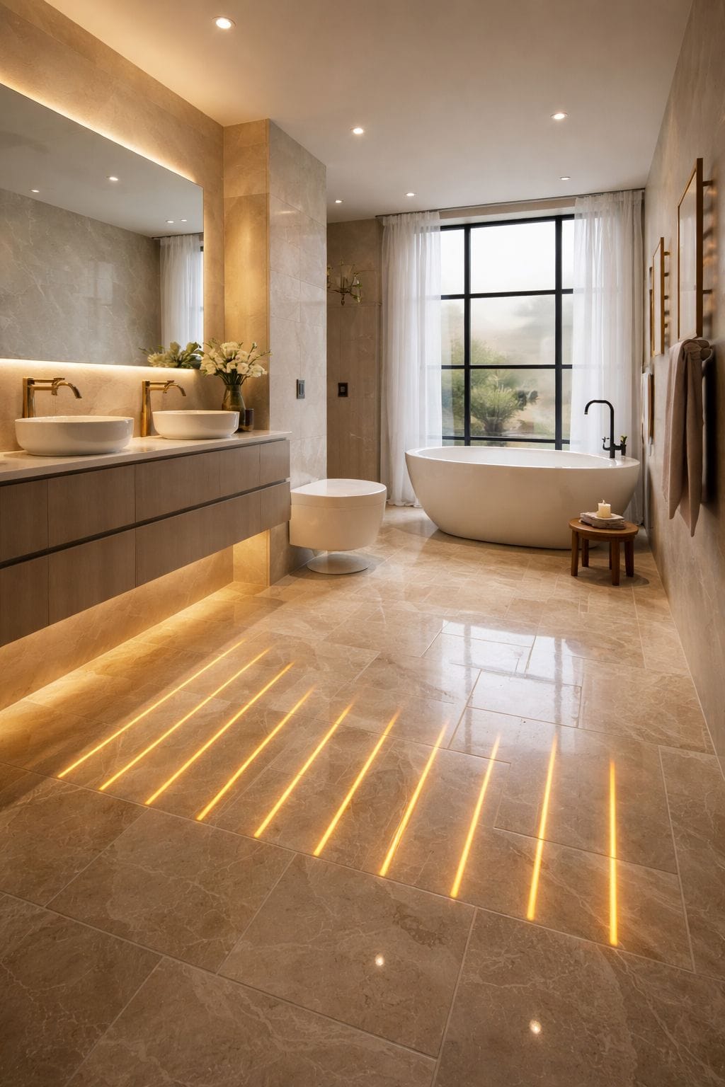 AI photo of Luxury bathroom with tiled floor and underfloor heating installed