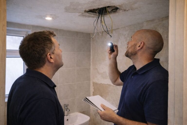 an illustartive image of 2 tradesmen inspecting the electrics
