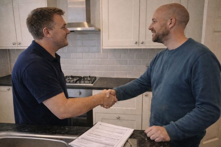 an illustrative image of a trademens shaking hands with client at near end completion