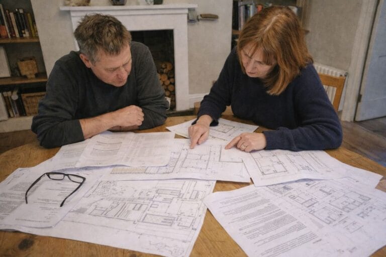 an illustrative image of a tradesmen with client going through plans