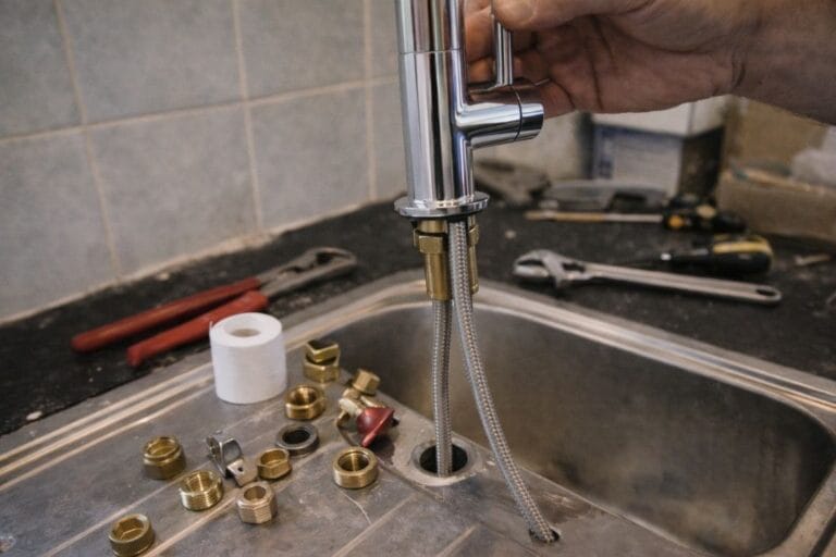 an illustrative image of close up of a new tap being fitted