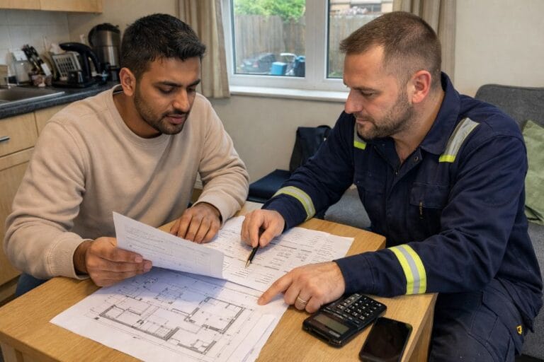 an illusstrative image of of a homeowner and a bathroom fitter discussing building plans