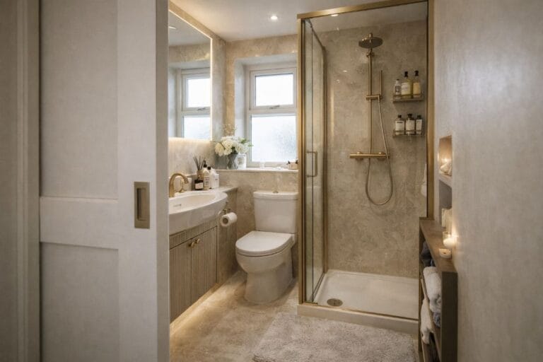 an illustrative image of a compact London flat bathroom showing a pocket sliding door partially open