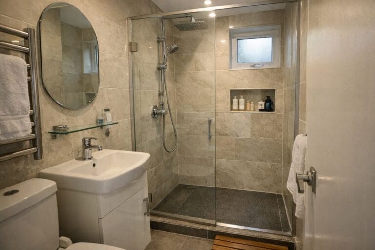 an illustrative image of a compact NW London bathroom featuring a luxury completed installed walk-in shower