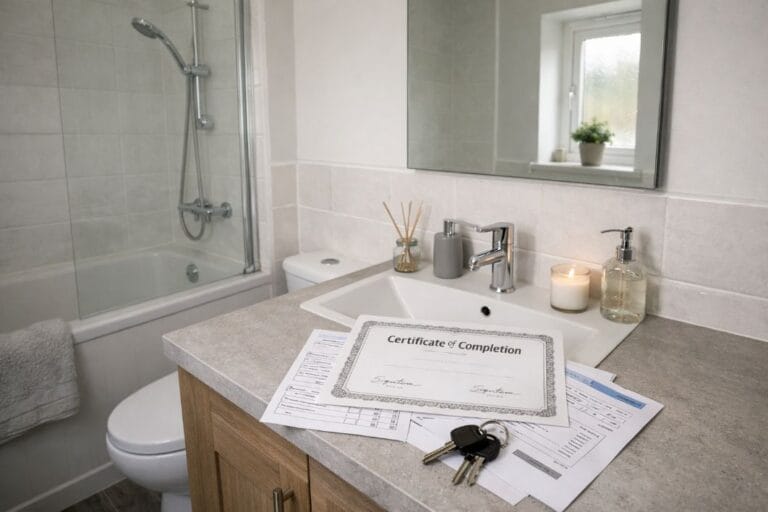 an illustrative image of a completed London bathroom, simple decor, and documents such as a completion certificate laid on the vanity