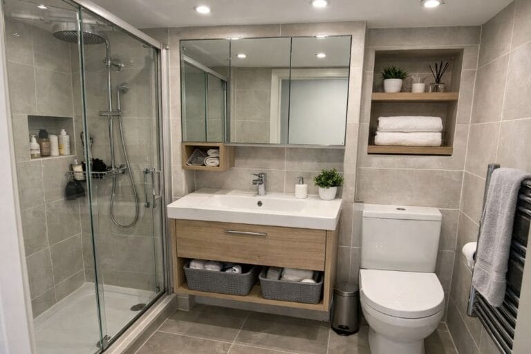 an illustrative image of a new ensuite bathroom in a London flat showing bright LED downlights, tiling, and smart storage solutions suitable for a small space