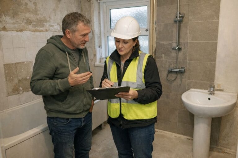 an illustrative image of a project manager reviewing renovation progress with a homeowner