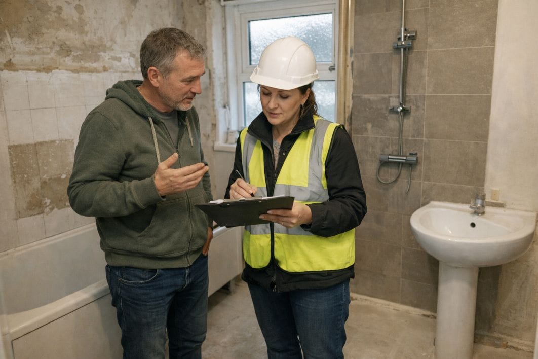 an illustrative image of a project manager reviewing renovation progress with a homeowner