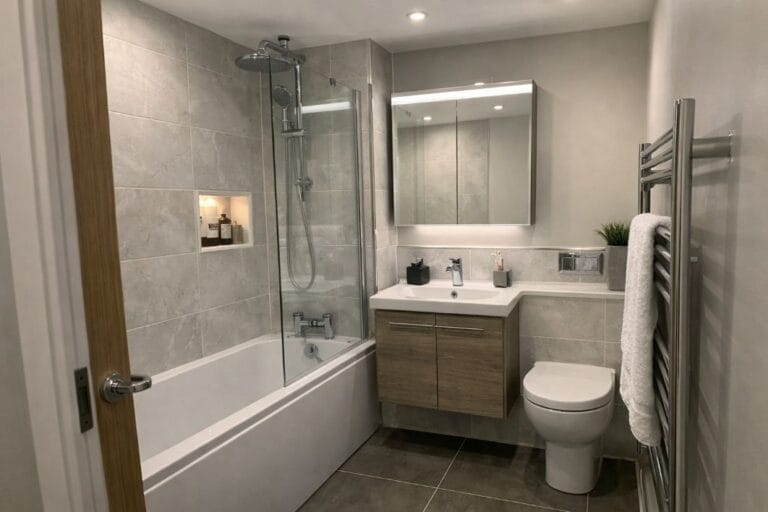 an illustrative image of f a finished modern bathroom in a London home, showcasing new tiling