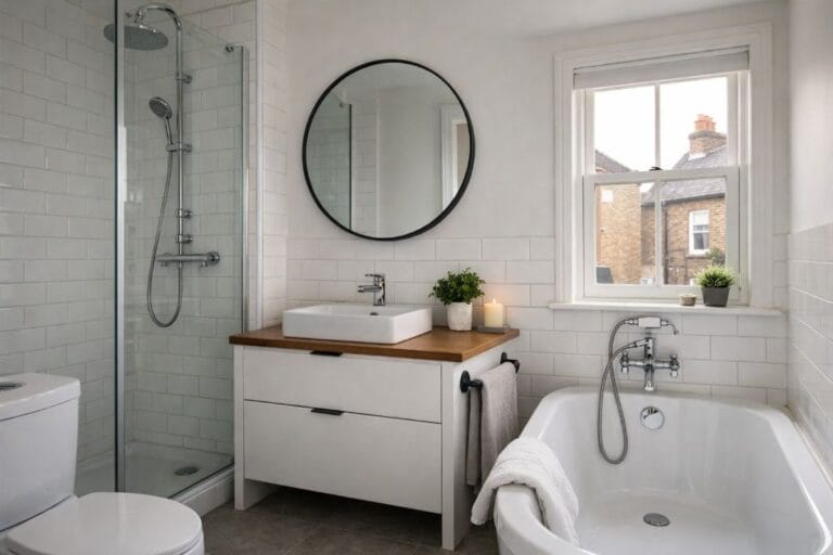 an illustrative image of of a neatly renovated London bathroom with clean tiles and updated fixtures