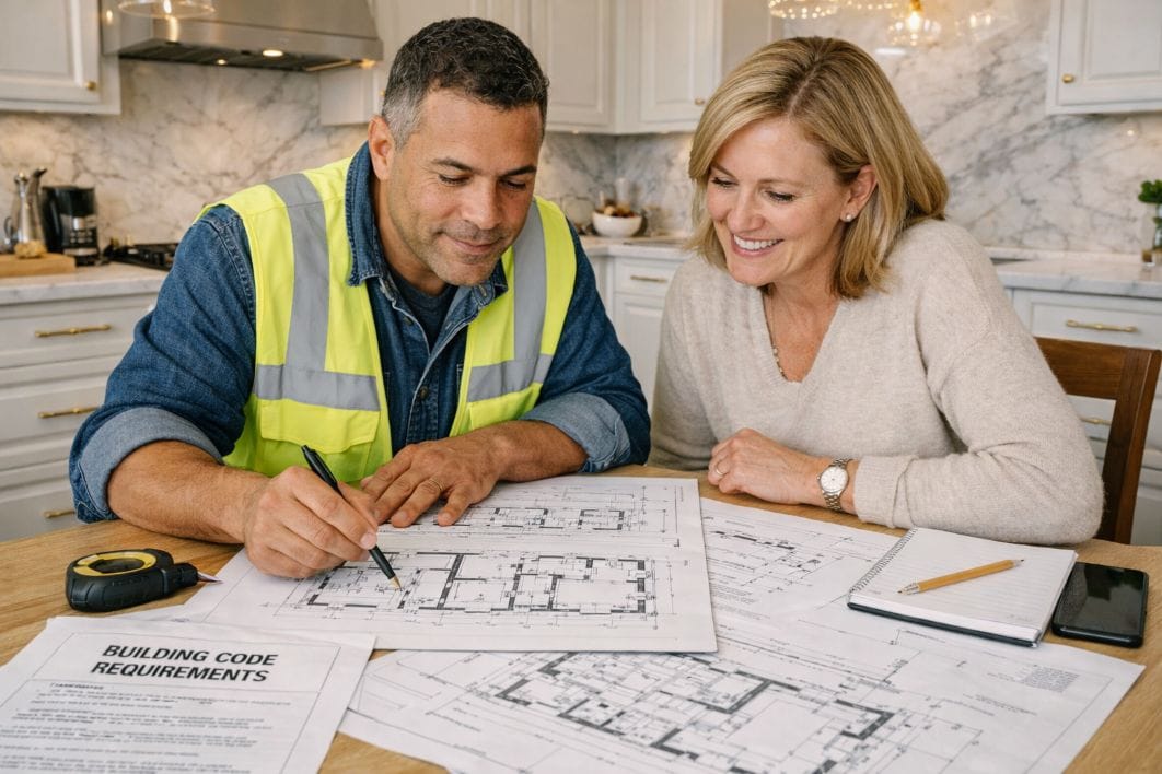 an illustrative image of of a project manager and homeowner reviewing renovation plans together in a kitchen