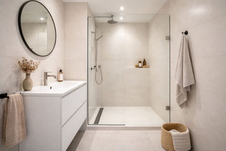 an illustrative image of of a small bathroom in a London flat with a walk-in shower , showing clean and minimal surfaces