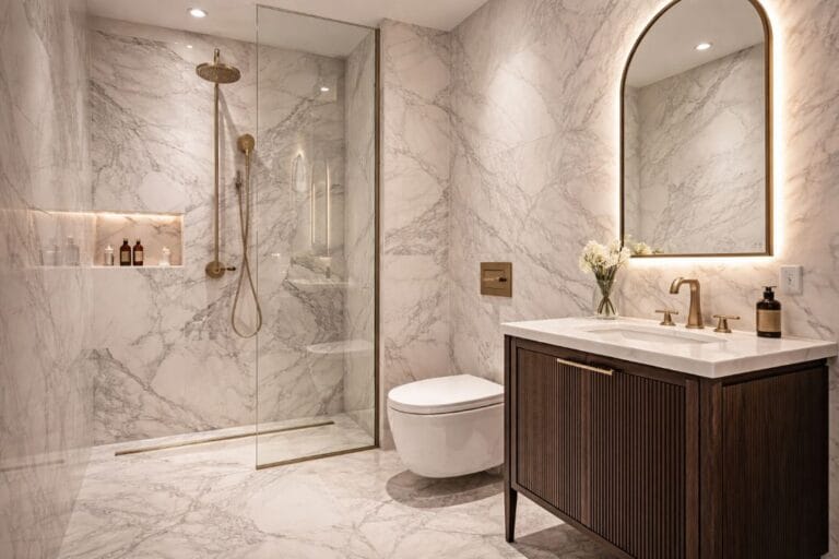 an illustrative image of of a small but luxury London bathroom after renovation