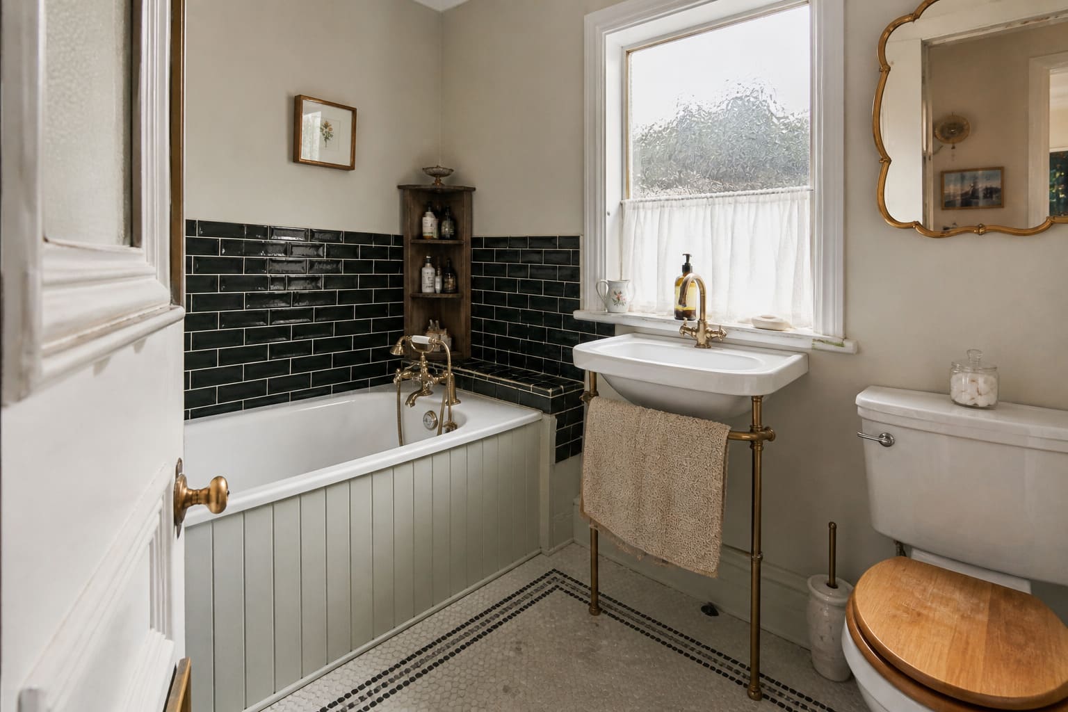 Art Deco bathroom W London black fittings white tiles – Illustrative Image