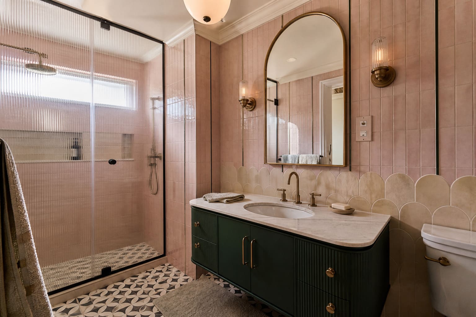 Art Deco bathroom W London pink tiles brass fittings vanity cabinet – Illustrative Image