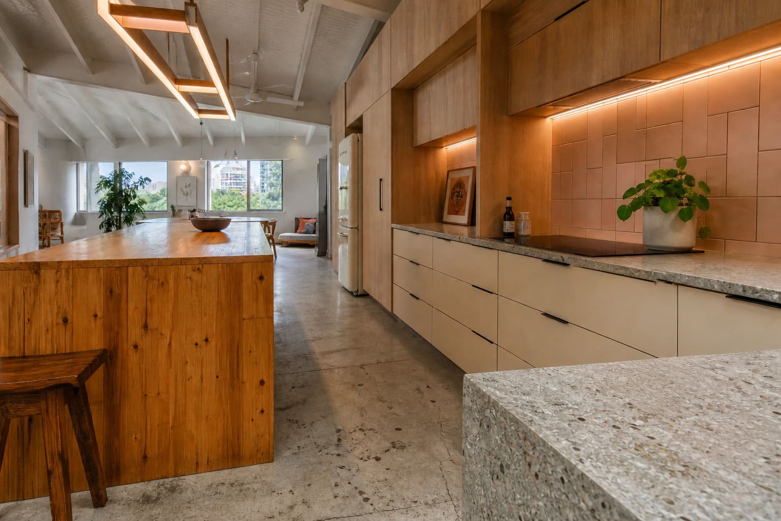 Asian inspired kitchen NW London wooden island open shelving modern appliances - Illustrative Image