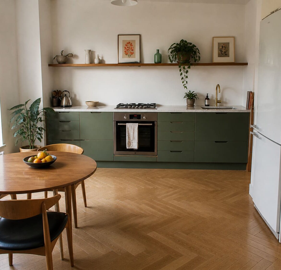 Century Modern Kitchen with Green Cabinets and Open Plan - Illustrative Image Century Modern Kitchen with Green Cabinets and Open Plan - Illustrative Image