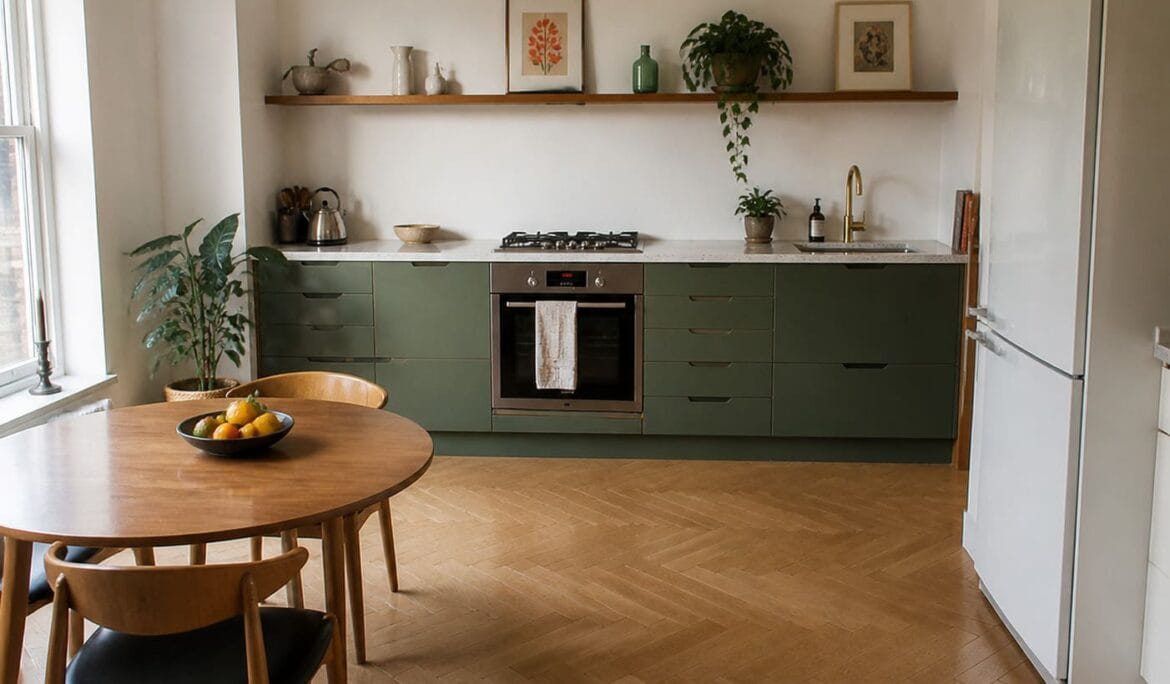Century Modern Kitchen with Green Cabinets and Open Plan - Illustrative Image