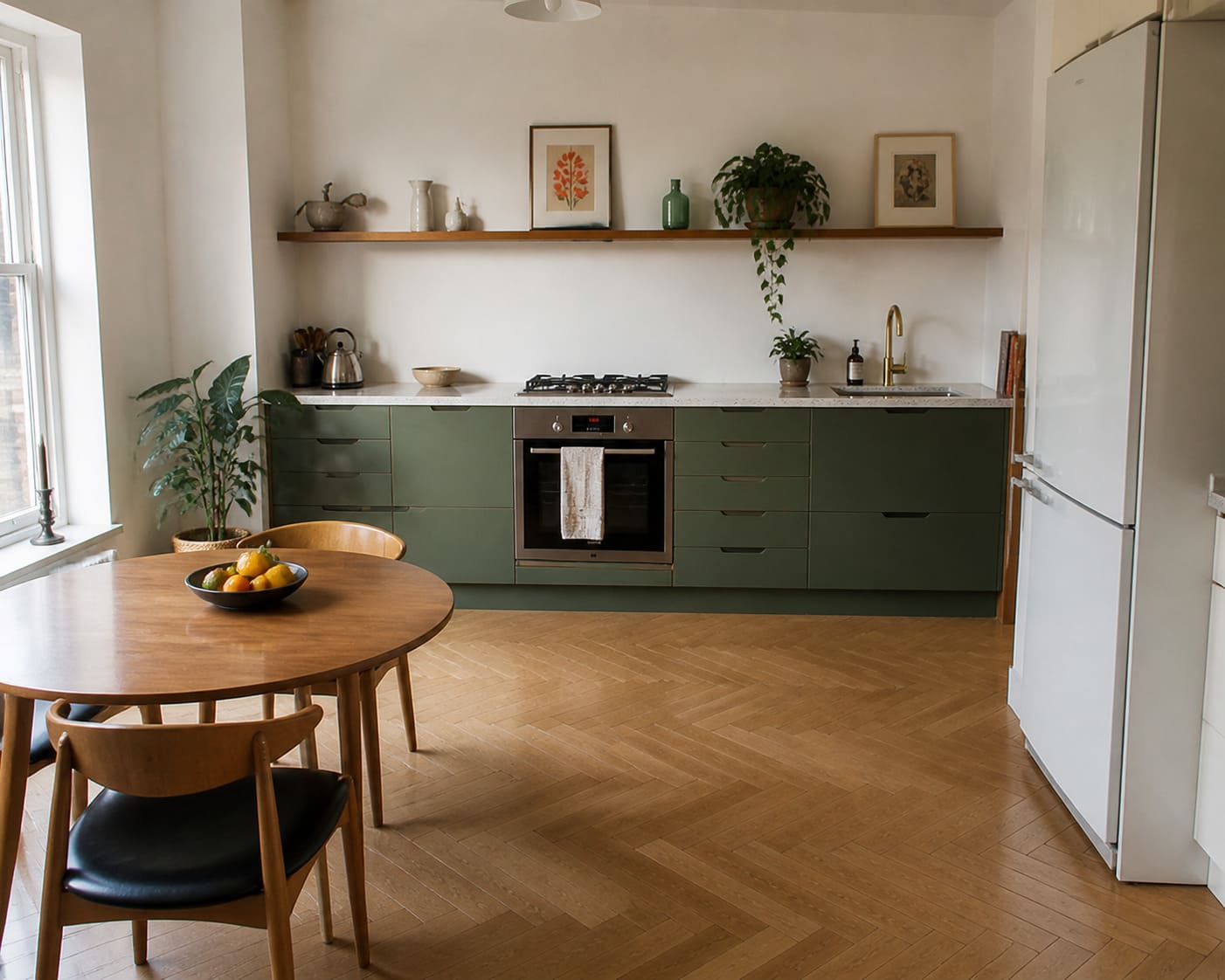 Century Modern Kitchen with Green Cabinets and Open Plan - Illustrative Image
