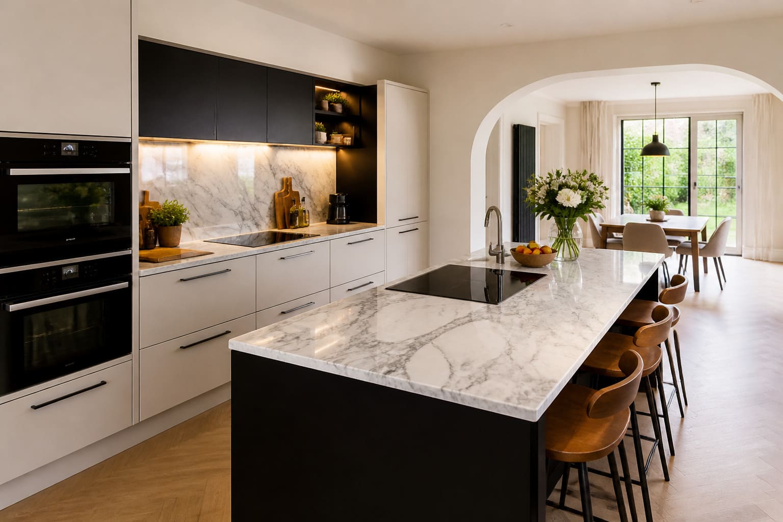 Contemporary Kitchen Open Plan Island and Bar Stools – Illustrative Image