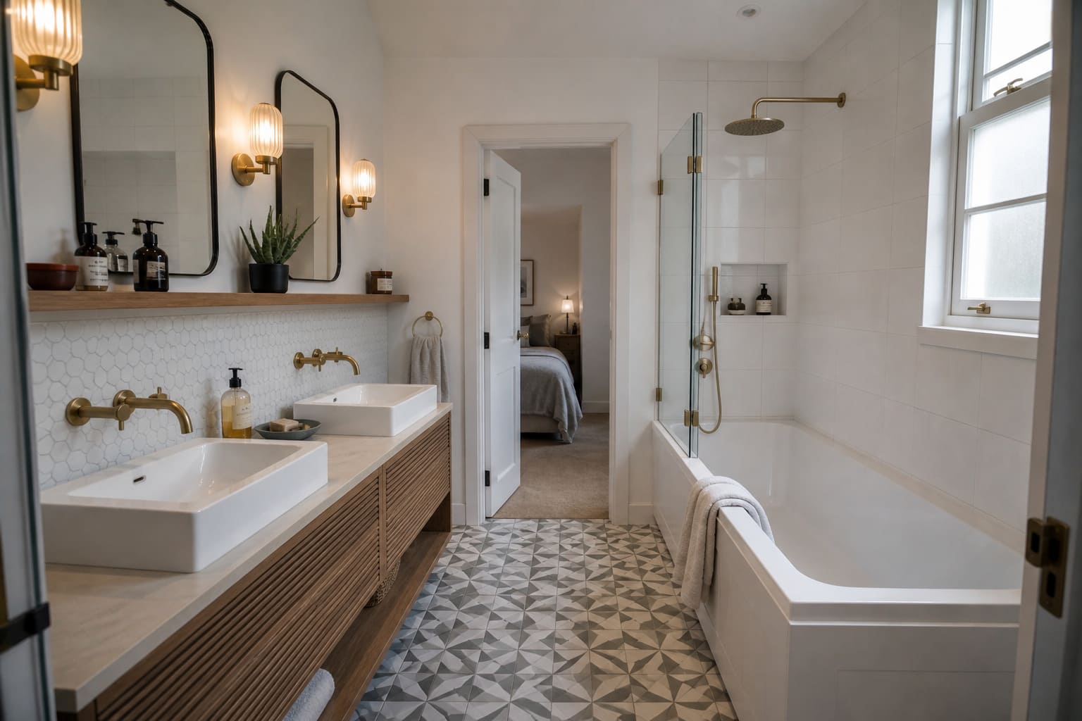 Double Vanity Unit and Bath with Patterned Tiles – Illustrative Image