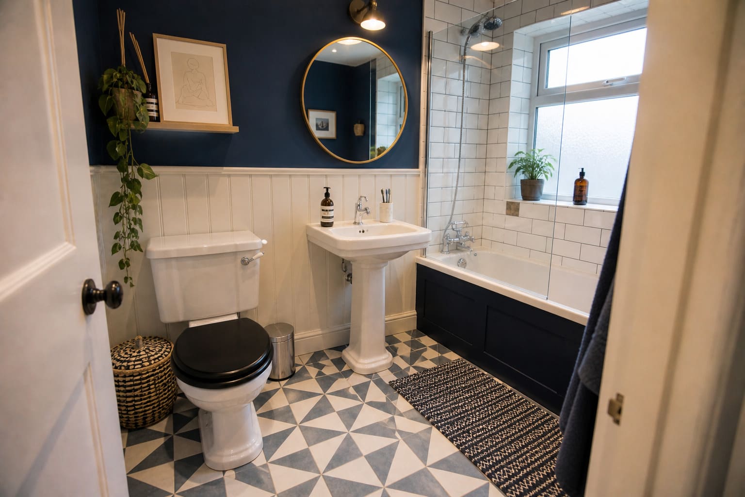 Family bathroom Hertfordshire freestanding bath patterned tiles – Illustrative Image