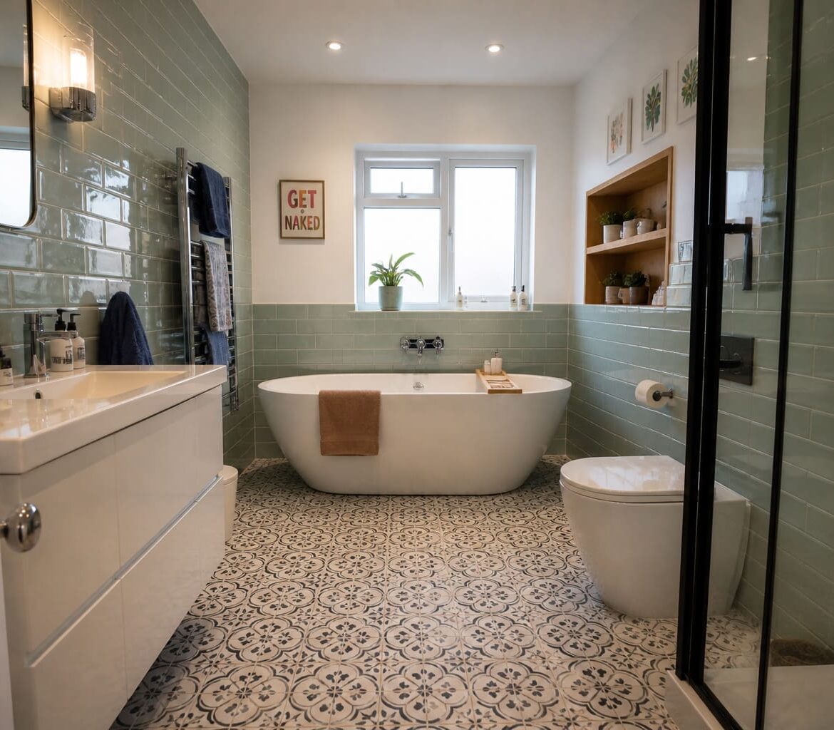 Family bathroom Hertfordshire freestanding bath tiles - Illustrative Image Family bathroom Hertfordshire freestanding bath tiles - Illustrative Image