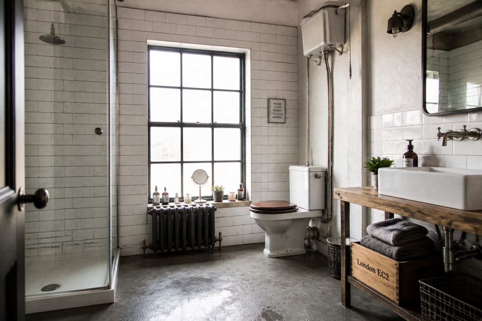 Industrial bathroom NW London exposed brick black fixtures - Illustrative Image