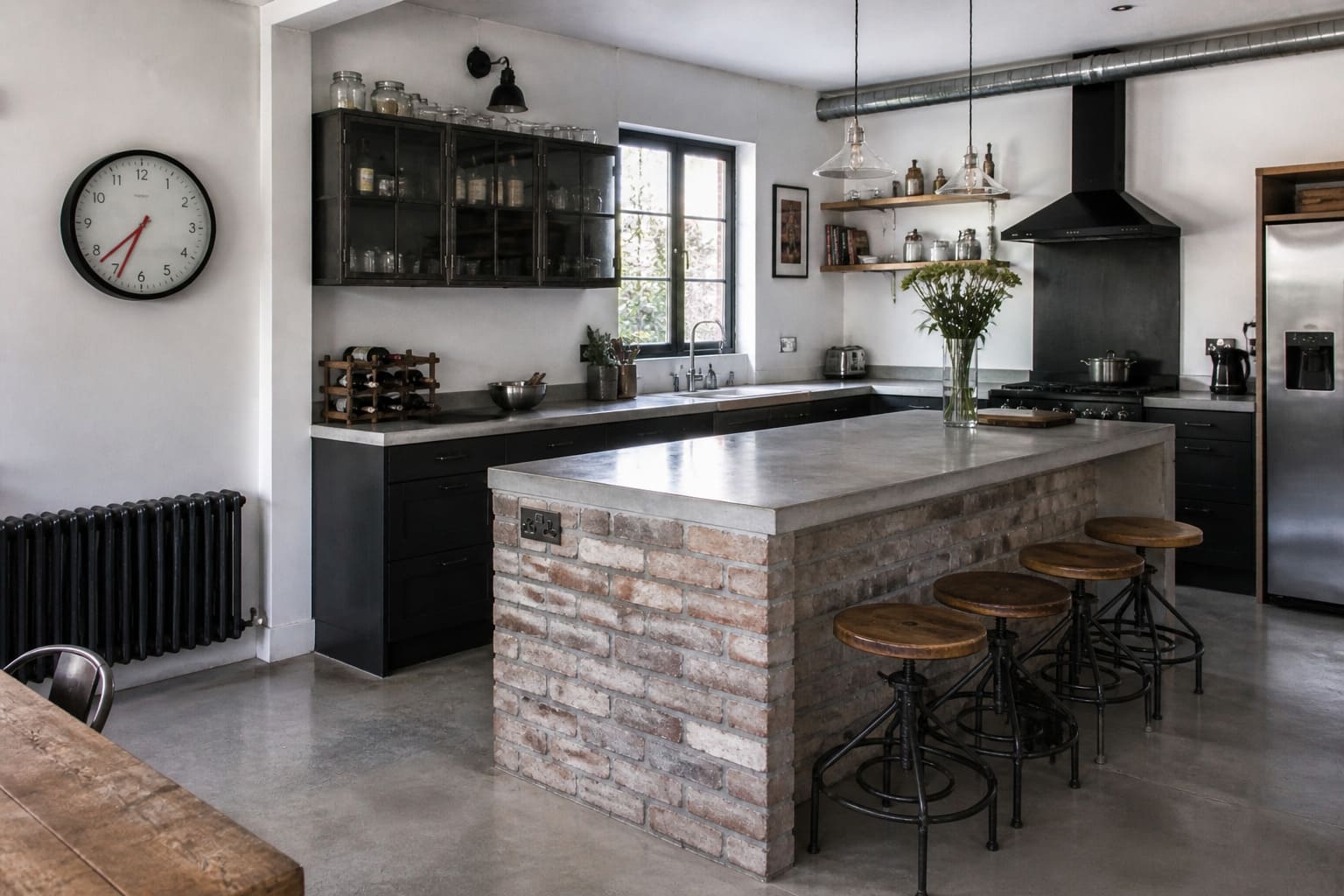Industrial kitchen W London brick steel island – Illustrative Image