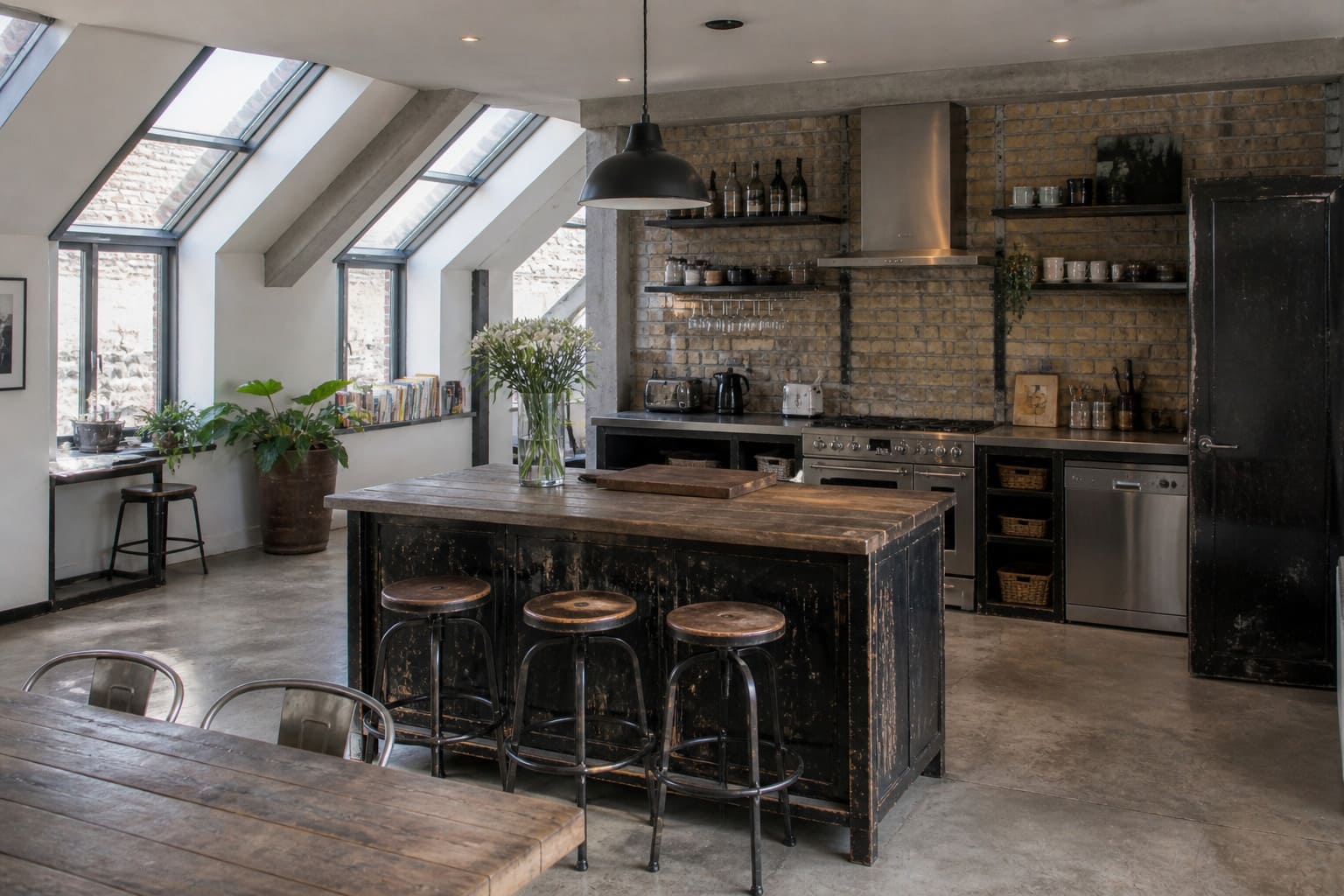 Industrial kitchen W London exposed brick steel island - Illustrative Image