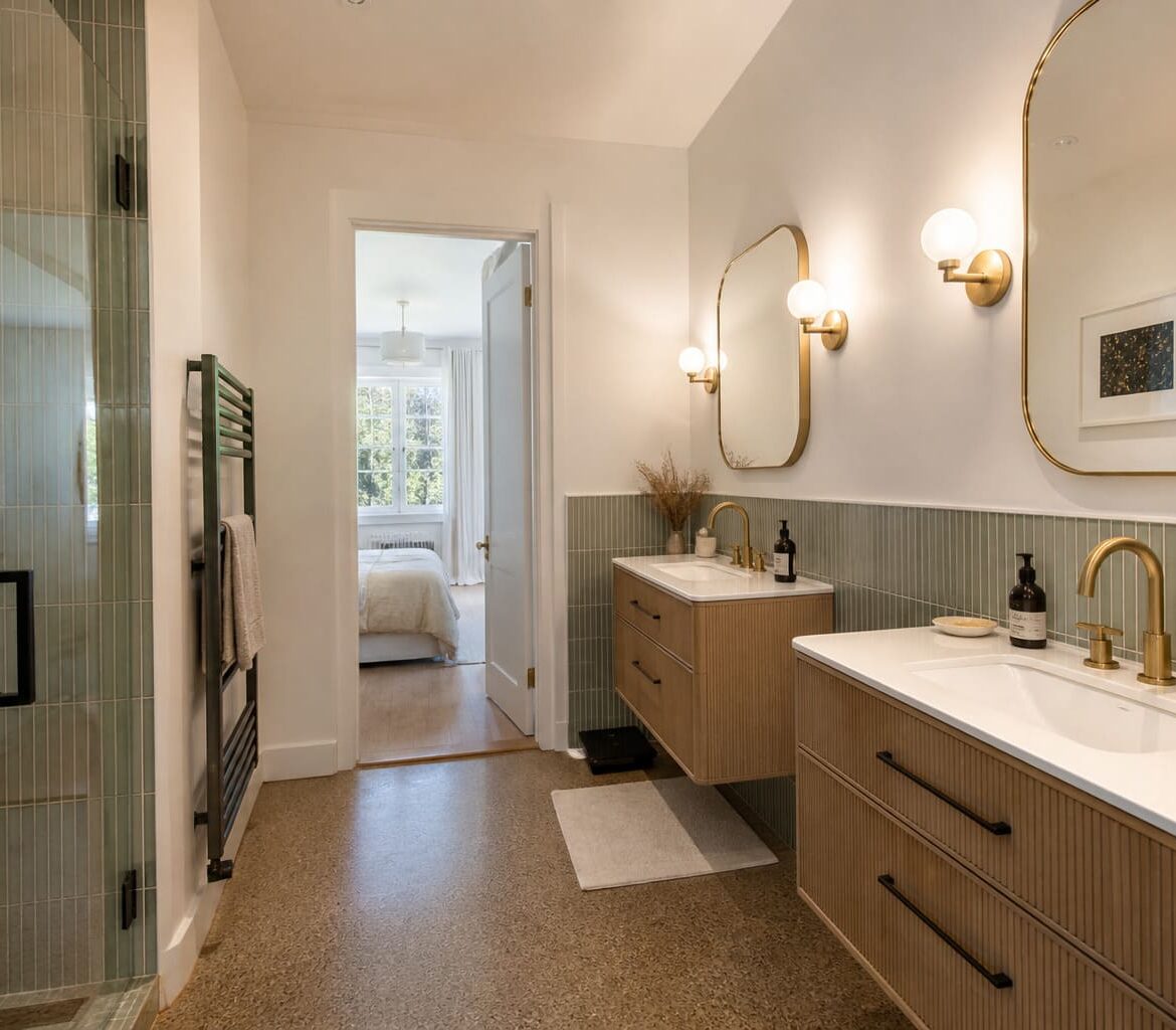 Jack and Jill bathroom NW London double vanity marble tops - Illustrative Image Jack and Jill bathroom NW London double vanity marble tops - Illustrative Image