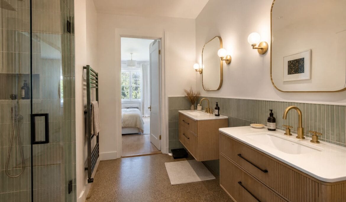 Jack and Jill bathroom NW London double vanity marble tops - Illustrative Image