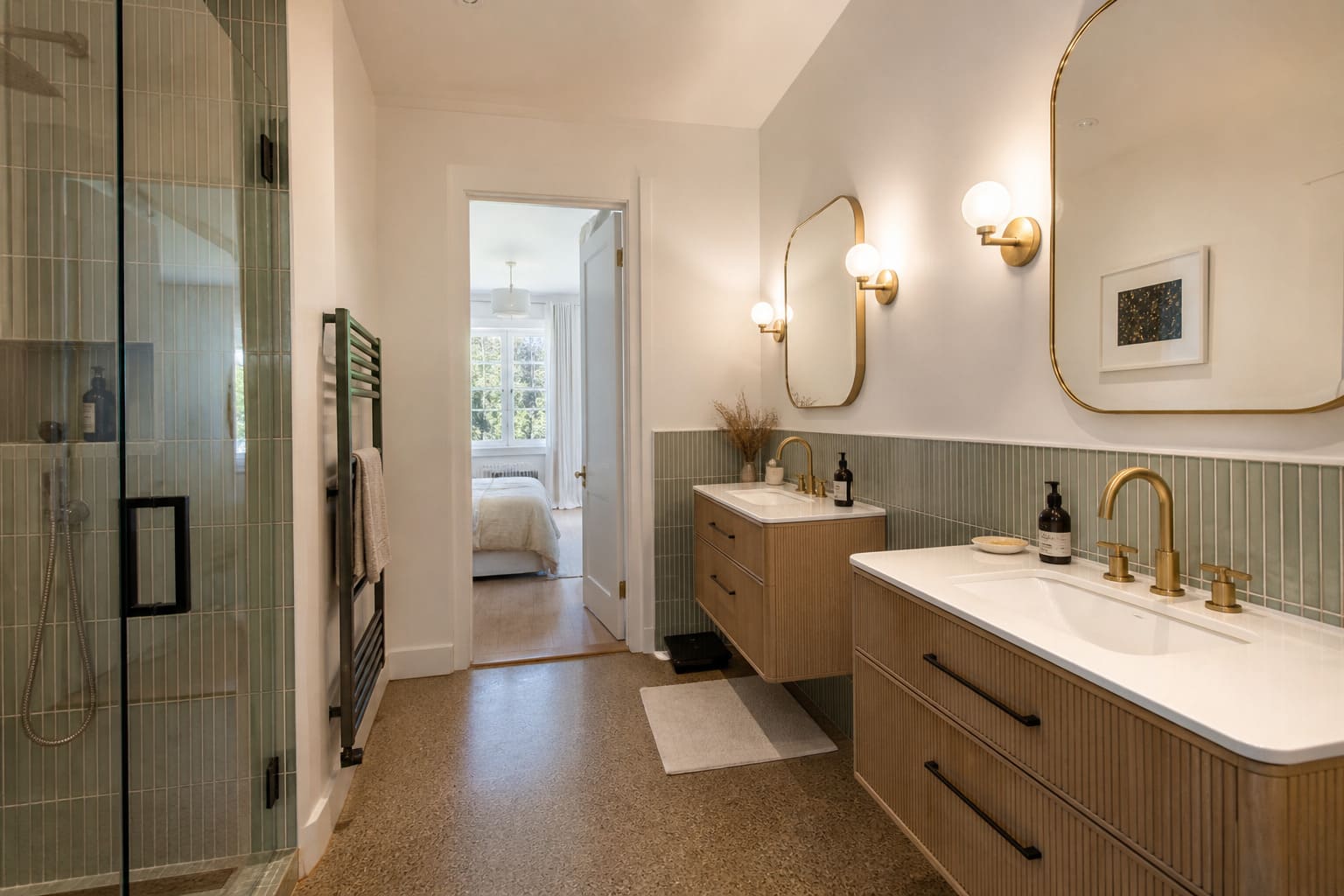 Jack and Jill bathroom NW London double vanity marble tops - Illustrative Image