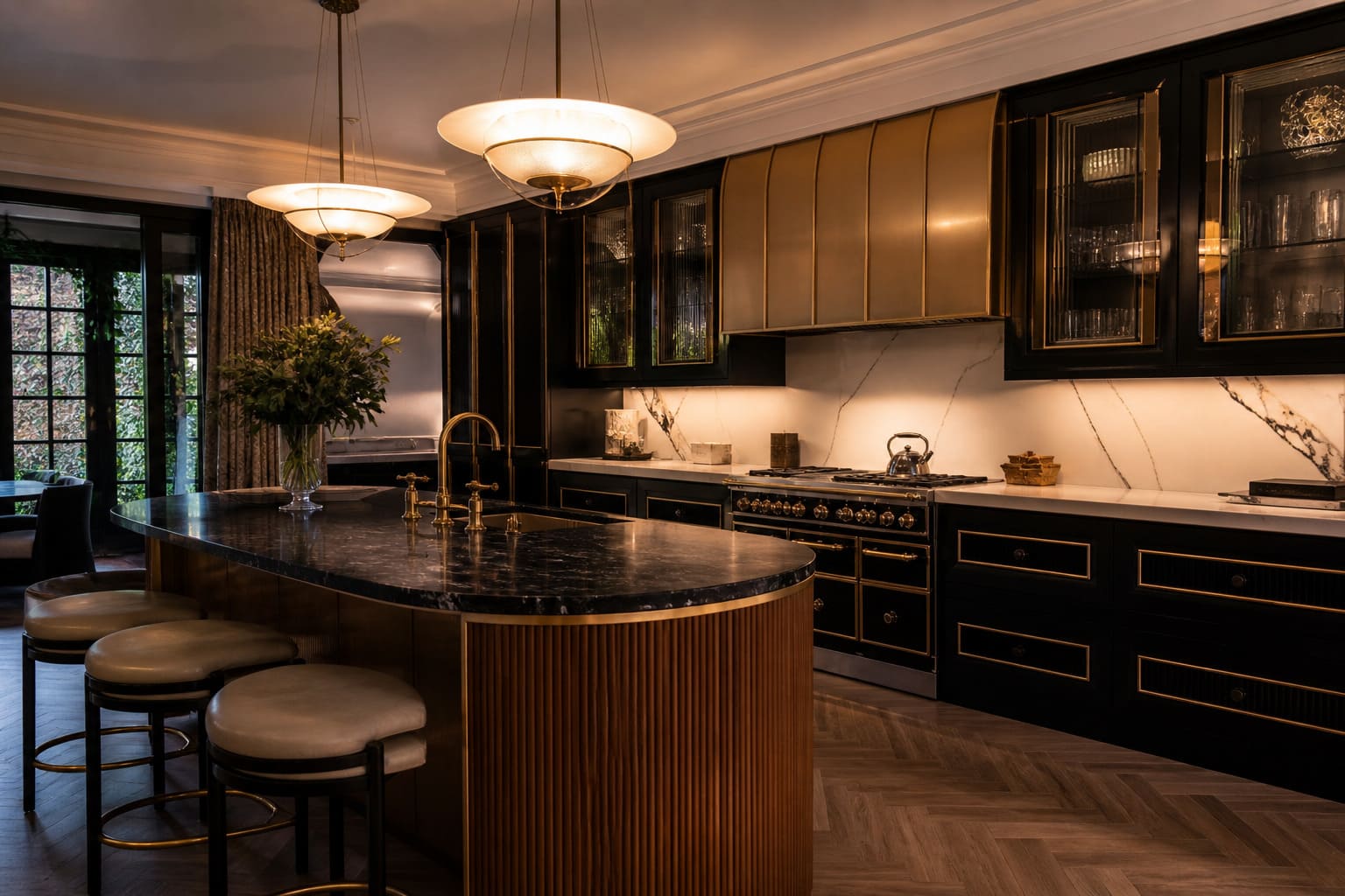 Luxury Art Deco kitchen Hertfordshire black cabinets brass accents - Illustrative image