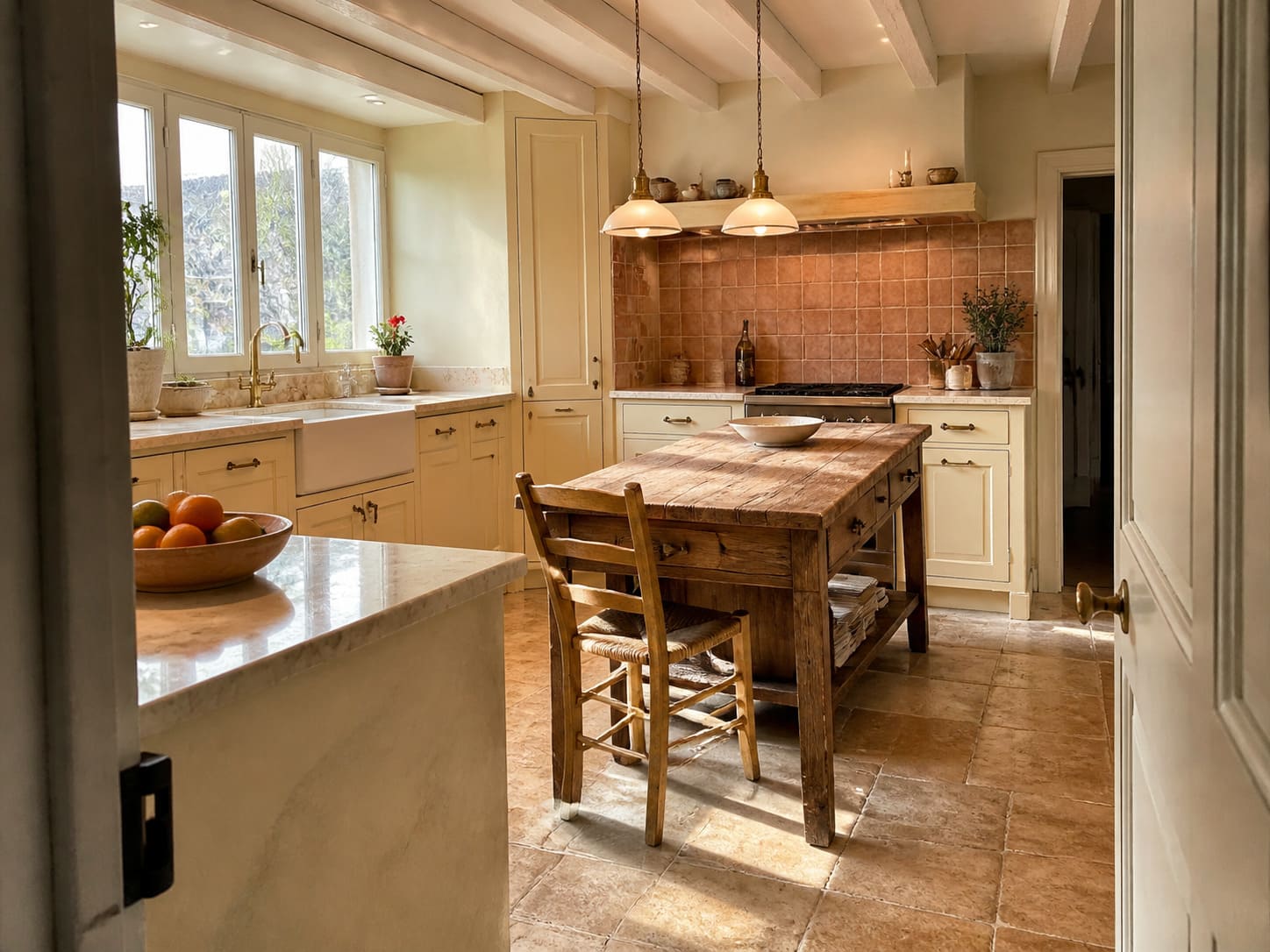 Mediterranean kitchen W London patterned tiles wooden island – Illustrative Image