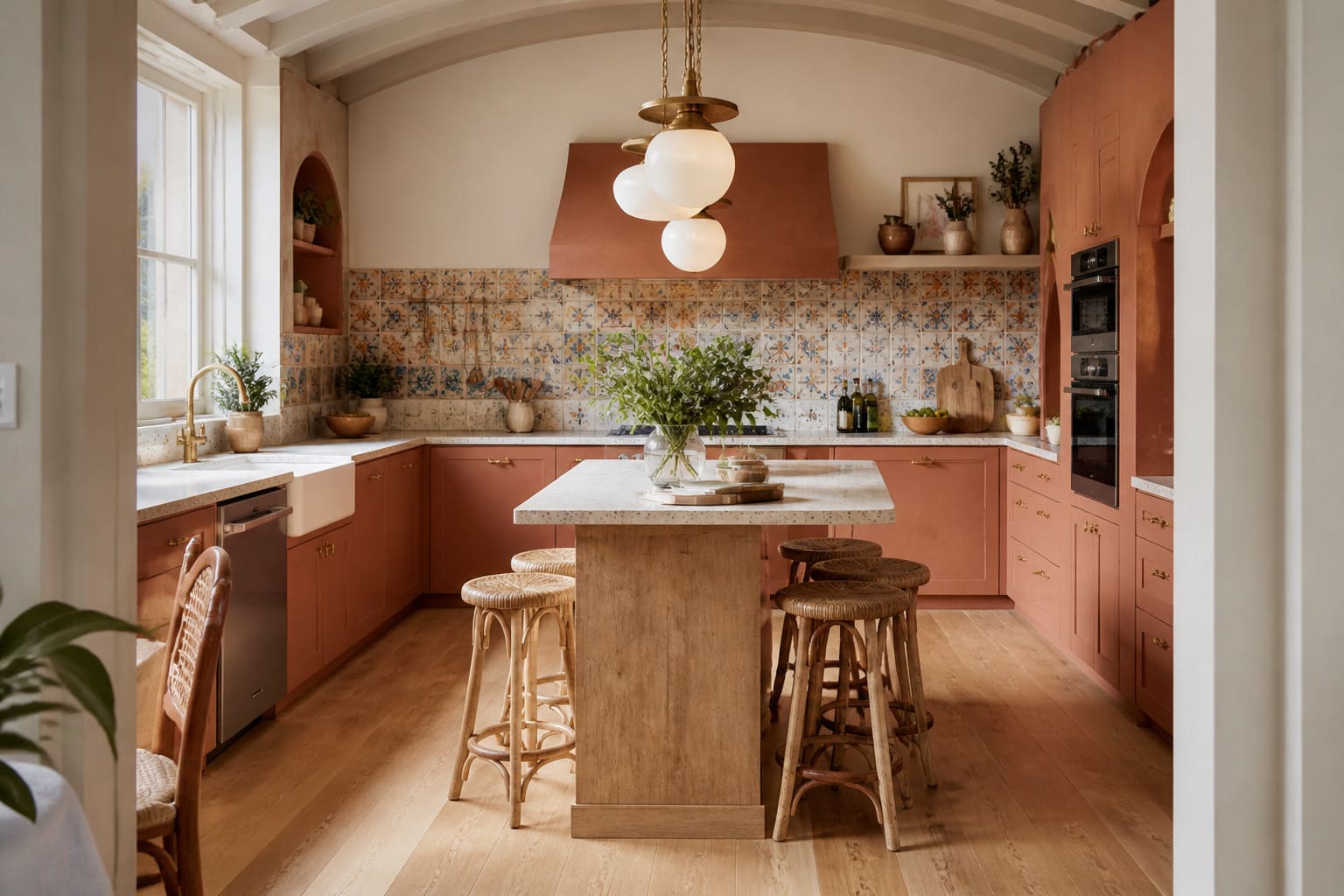 Mediterranean kitchen W London terracotta tiles island – Illustrative Image